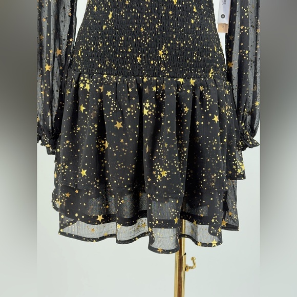 AQUA Star Print Smocked Black & Gold Star Print Smocked Mini Dress Long Sleeve - Picture 14 of 17